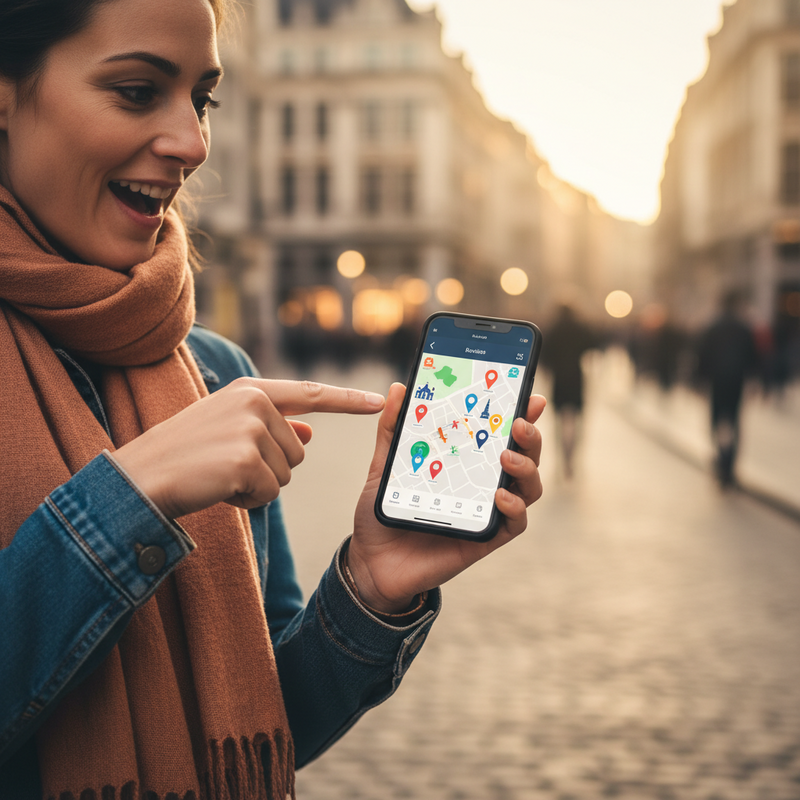 Een persoon die met enthousiasme op een telefoonscherm wijst, waarop een evenementenkalender of kaart van Brussel zichtbaar is, tegen een subtiel levendige Brusselse achtergrond.