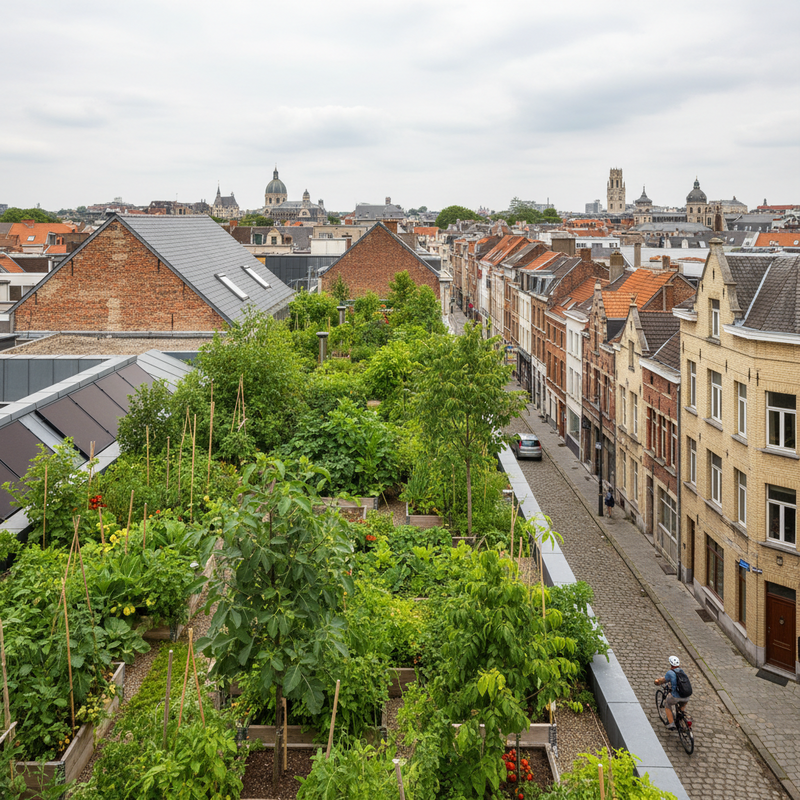 Een luchtfoto toont een weelderig groen dak in Brussel met diverse planten en kleine bomen, omringd door stedelijke bebouwing en de skyline. Het beeld symboliseert stedelijke vergroening en duurzaamheid.