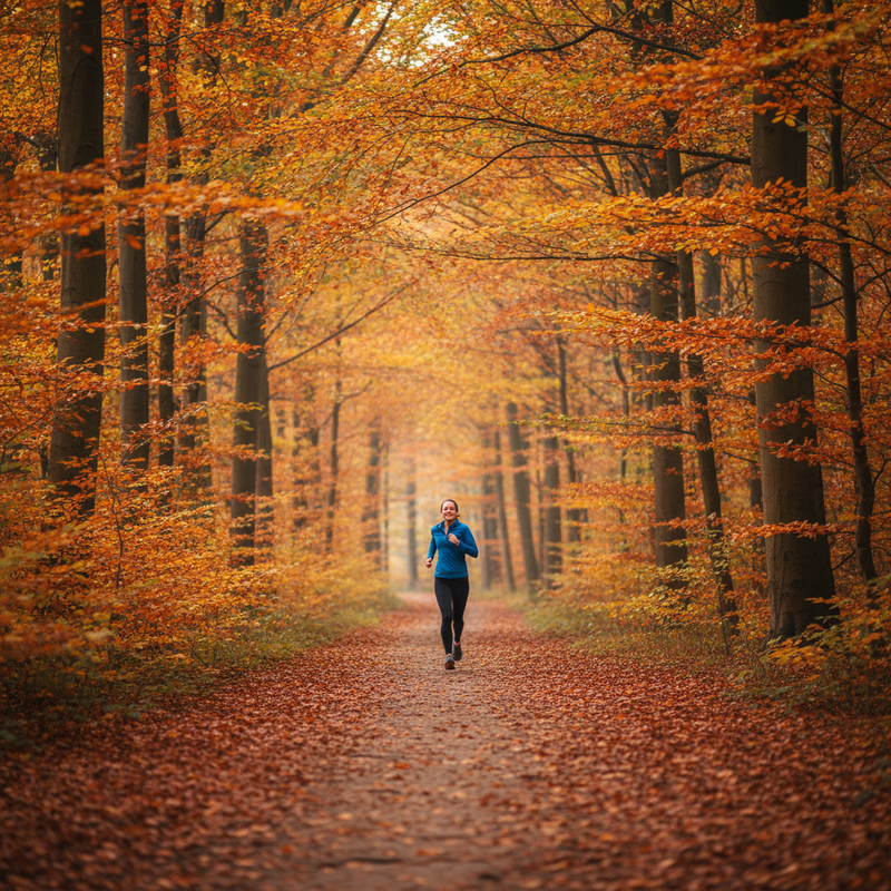 Een hardloper rent over een pad door het Zoniënwoud in de herfst. De bomen zijn bedekt met rode en gouden bladeren, en de grond is bezaaid met bladeren.