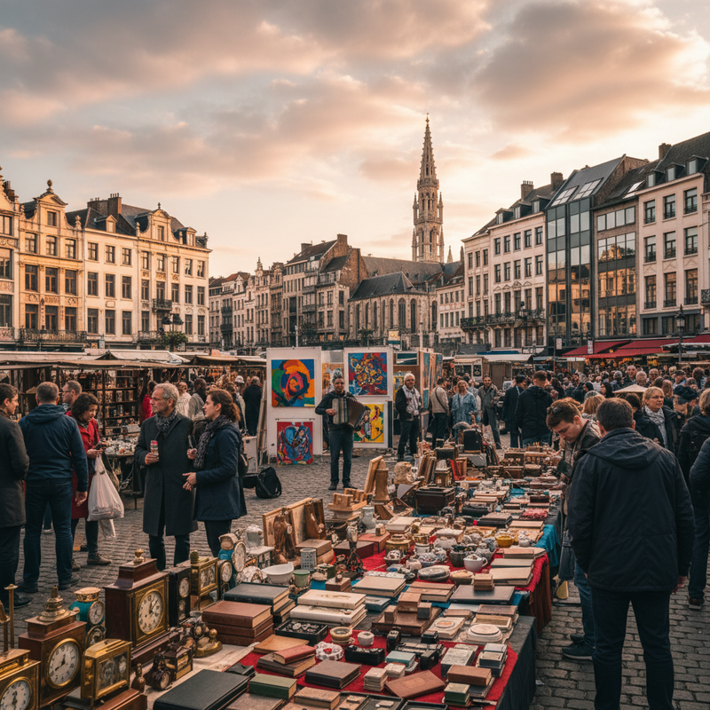 Een levendige fotografische weergave van een drukke straat in Brussel. Op de voorgrond is een vlooienmarkt te zien met diverse items en mensen die rondsnuffelen. Op de achtergrond is de typische architectuur van de stad zichtbaar, wat de constante stroom van evenementen en culturele diversiteit benadrukt.