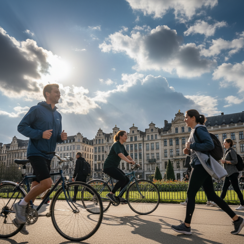 Een dynamische stadsfoto van Brussel met mensen die joggen en fietsen onder een deels zonnige, deels bewolkte lucht. De historische gebouwen van Brussel zijn op de achtergrond zichtbaar.