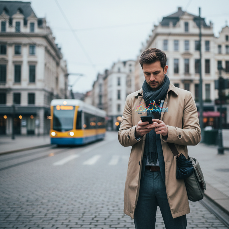 Een persoon in Brussel kijkt naar een weersvoorspelling op hun smartphone, gekleed in gelaagde kleding en een paraplu dichtbij. De straat is typisch Brussels met een licht bewolkte hemel.