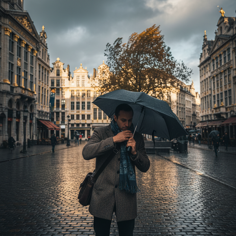 Een straatbeeld in Brussel met een persoon die een paraplu opent onder een lucht met zowel zon als donkere wolken, wat de snelle weersveranderingen in de stad illustreert.