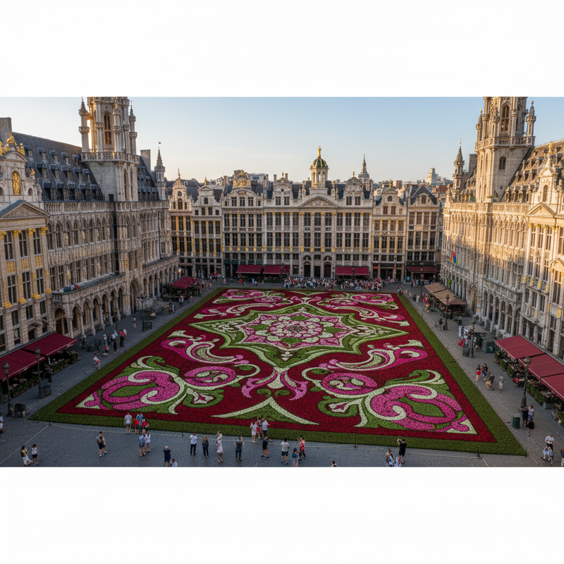 Een bovenaanzicht van de Grote Markt in Brussel, waar een uitgestrekt en gedetailleerd bloementapijt in rood, roze, groen en wit de hele oppervlakte bedekt. De historische gebouwen van de Grote Markt omzomen de bloemenpracht.