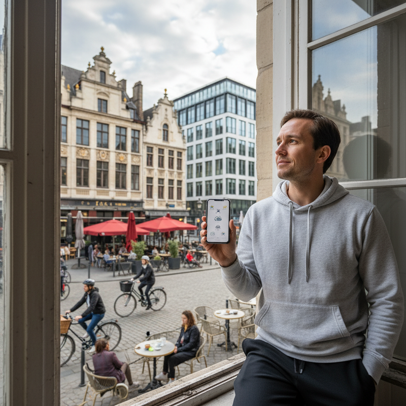 A person in Brussels looking out a window at a street with cyclists and a cafe, while simultaneously checking a weather app on their smartphone, anticipating the day's activities.