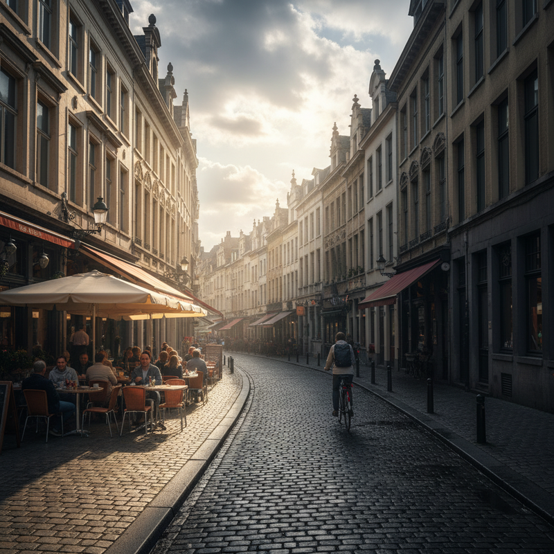 Een foto van een smalle Brusselse straat, met op de voorgrond een zonnig stuk met een terras, en verderop een donkerder, natter uitziend deel, wat het snelle verschil in weer binnen de stad toont.