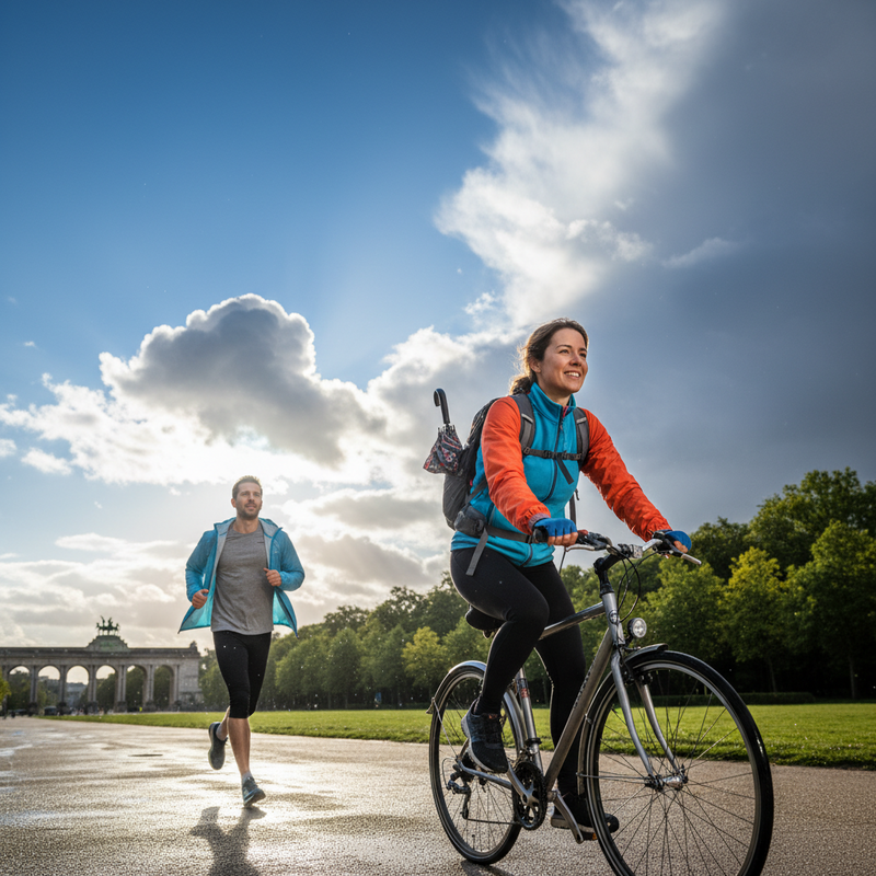 Een dynamische foto van een persoon die lachend rent in een groen Brussels park, mogelijk het Jubelpark, met een paraplu in de rugzak en gelaagde kleding, terwijl de zon door de bewolking breekt. De foto straalt energie en veerkracht uit.