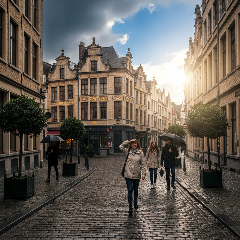 Een foto van een kasseienstraat in Brussel. Er zijn enkele voorbijgangers te zien, sommigen met een paraplu, anderen onder een doorbrekende zon. De lucht toont een mix van donkere wolken en heldere plekken, wat de variabiliteit van het Brusselse weer benadrukt.