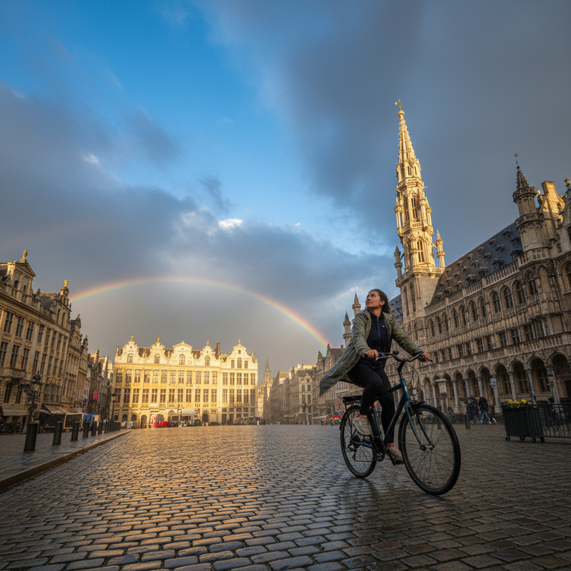 Een persoon fietst of rent door een Brusselse straat onder een dynamische hemel. De ene helft van de lucht is zonnig met blauwe plekken, terwijl de andere helft gevuld is met dreigende donkere wolken, wat de snelle weersveranderingen in de stad symboliseert. De straat is licht vochtig van een recente regenbui.