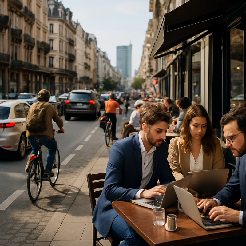 Brusselse straat met verkeer, fietsers en ondernemers op een terras die werken aan laptops