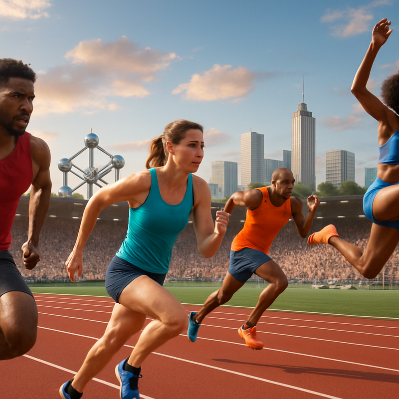 Atleten tijdens een sportevenement in een stadion in Brussel met publiek en stadsachtergrond