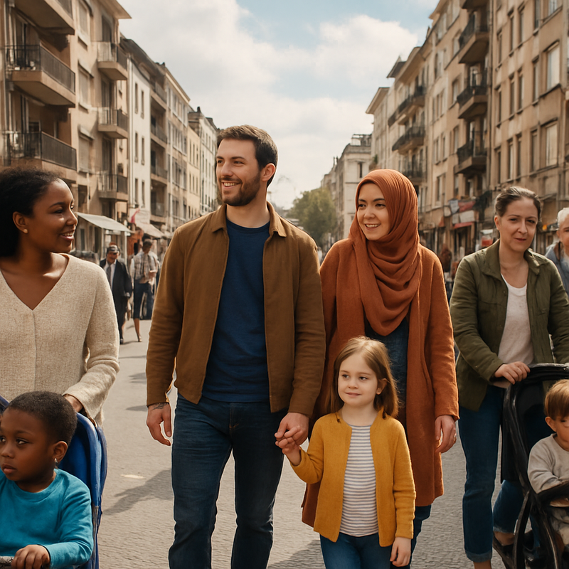 Diverse groep mensen in een drukke Brusselse wijk met appartementen en stedelijk leven