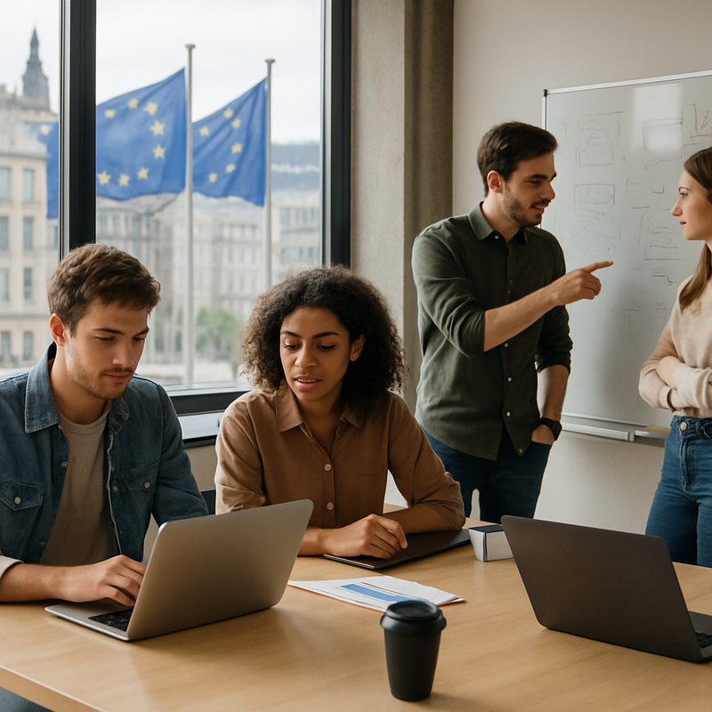 Jonge ondernemers werken samen in modern Brusselse startup-kantoor met zicht op de stad
