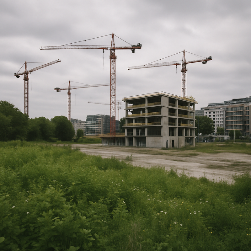 Stilgelegde bouwwerf in Brussel met groen natuurgebied op de voorgrond en bouwkranen op de achtergrond