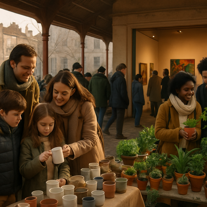 Families die betaalbare keramiek en planten kopen op een markt in Brussel tijdens het cultuurweekend