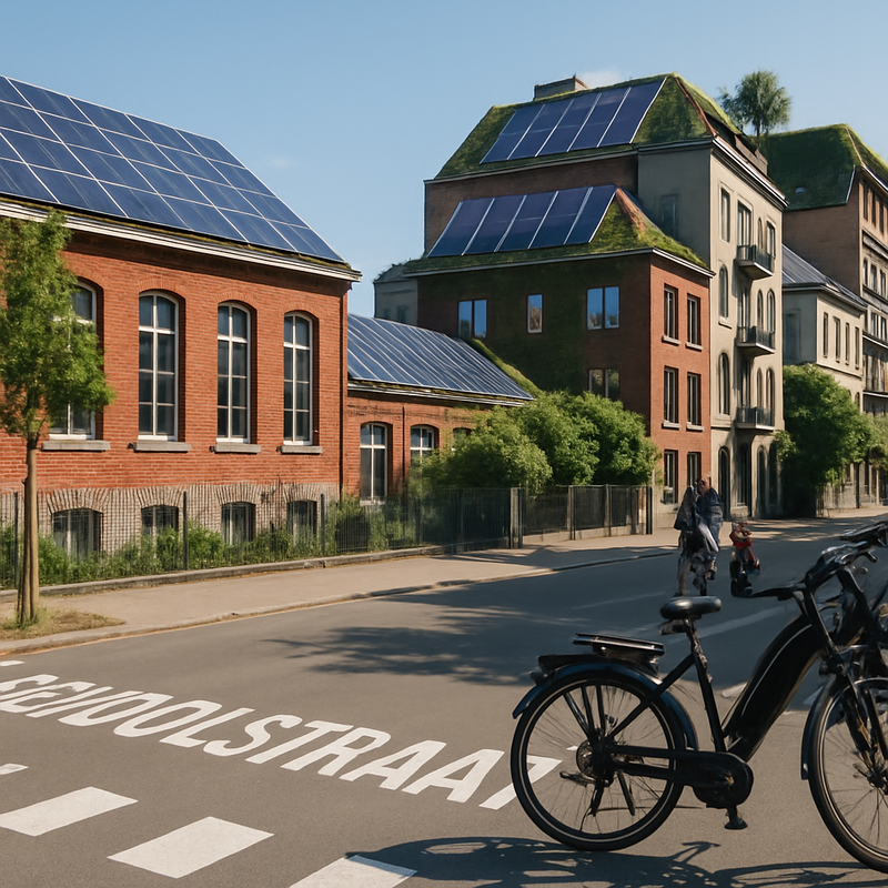 Zonnige Brusselse schoolstraat met zonnepanelen en fietsen, groene daken op gebouwen