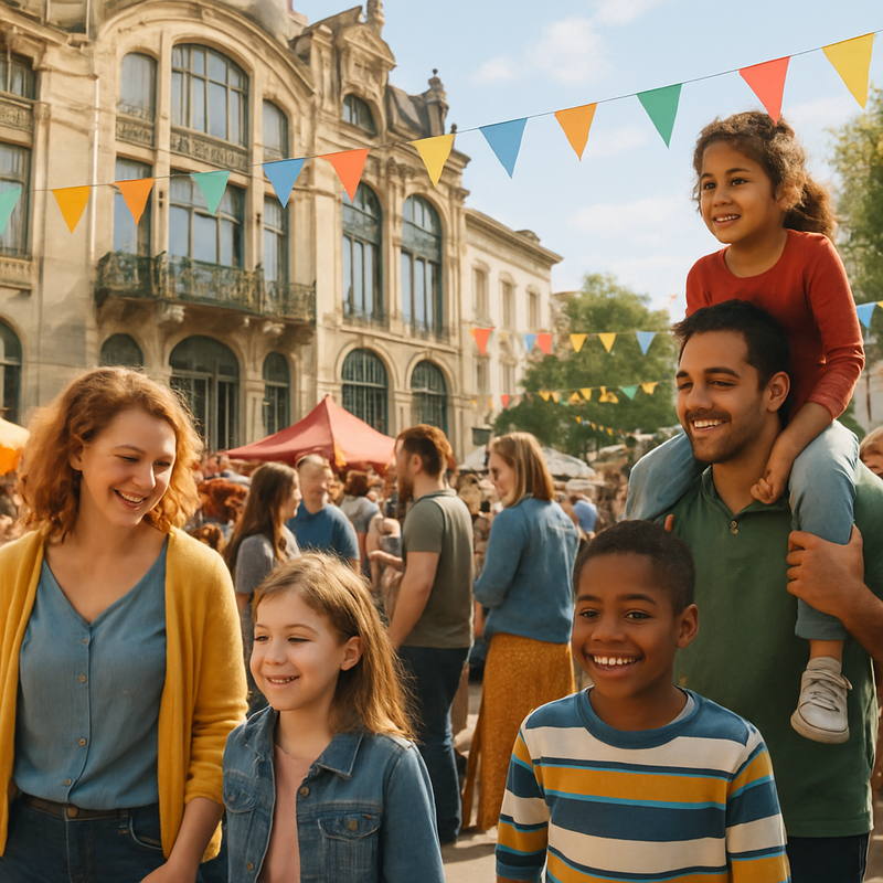 Families en bezoekers bij een openlucht cultureel festival met Art Nouveau gebouwen in Brussel