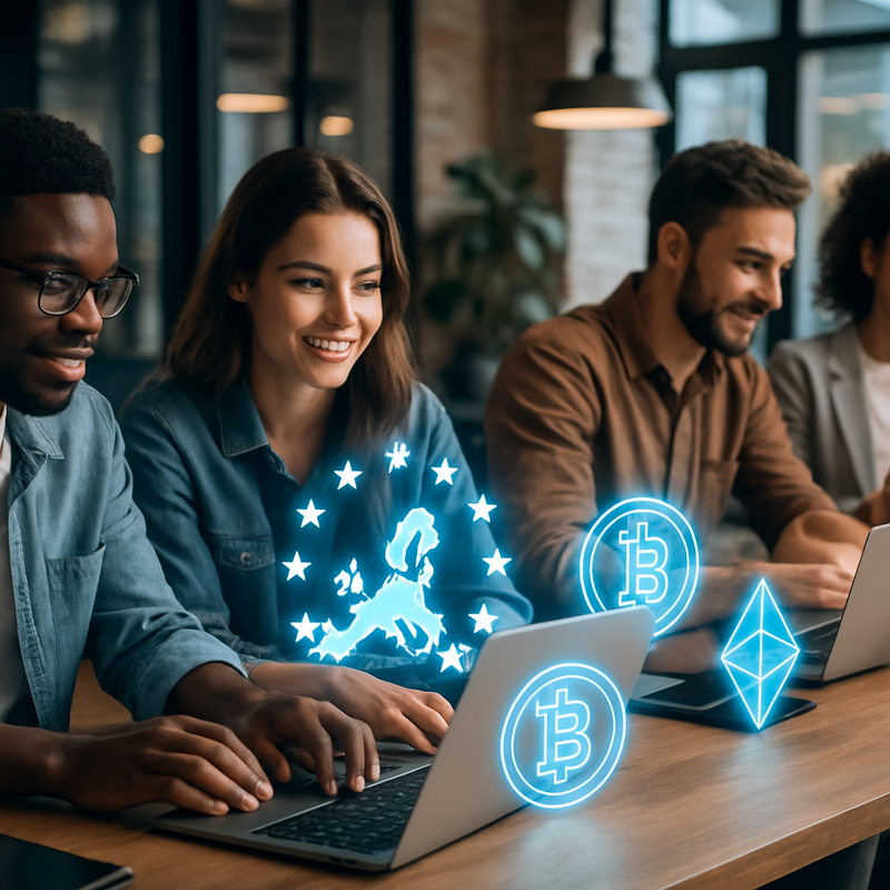 Jonge ondernemers werken samen in een moderne Brussels co-working space, omgeven door digitale EU- en cryptosymbolen