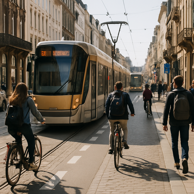 Brusselse straat met tram, fietsers en voetgangers tijdens de dag