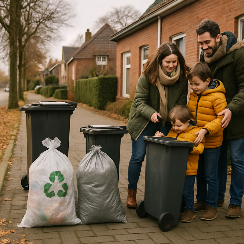 Gezin sorteert afval buiten huis in voorstad van Brussel met zichtbare afvalzakken en bomen