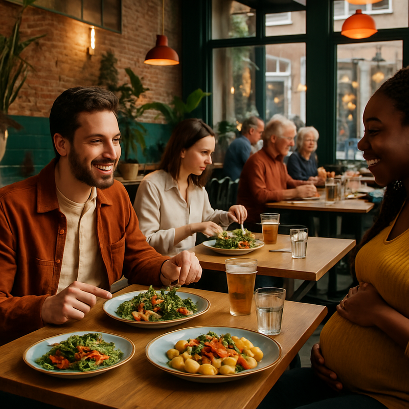 Drukke moderne Brusselse horecazaak met diverse gasten aan tafels