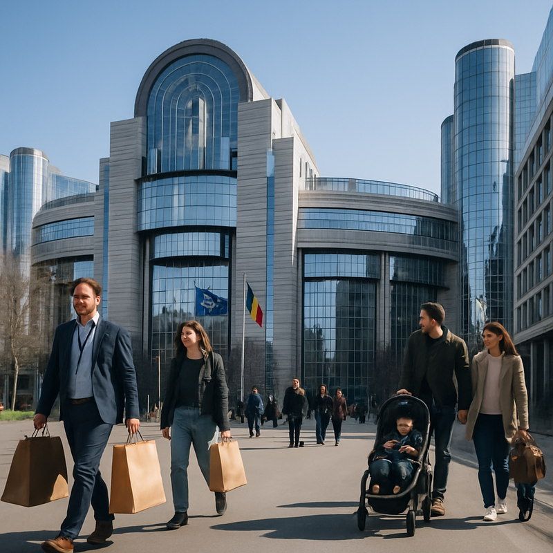 Europese parlementsgebouwen in Brussel met mensen en stadsbeeld
