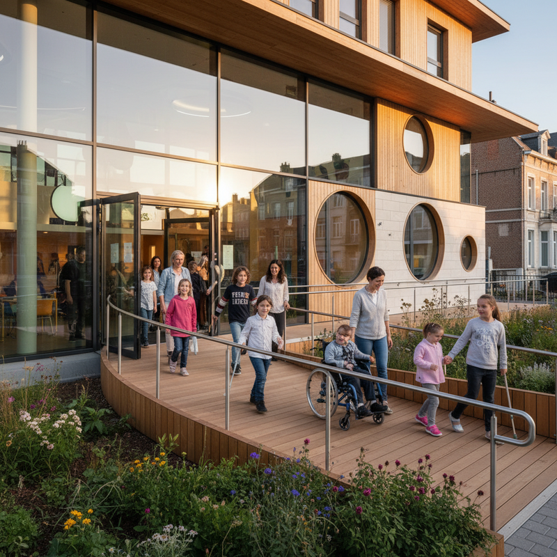 Modern schoolgebouw met toegankelijke ingang en kinderen die naar binnen gaan, symboliserend inclusief onderwijs in Brussel