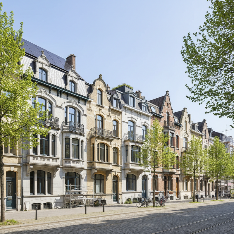 Straat met Brusselse huizen waarvan sommige gerenoveerd zijn met moderne energie-efficiënte voorzieningen