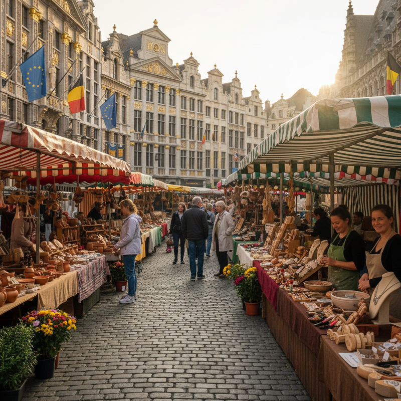 Drukke Brusselse straatmarkt met ambachtelijke kraampjes en bezoekers tussen kleurrijke handgemaakte producten