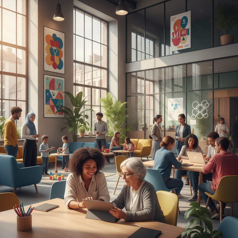 Vrijwilliger helpt oudere persoon met tablet in Brusselse gemeenschapscentrum tijdens digitale inclusie-sessie