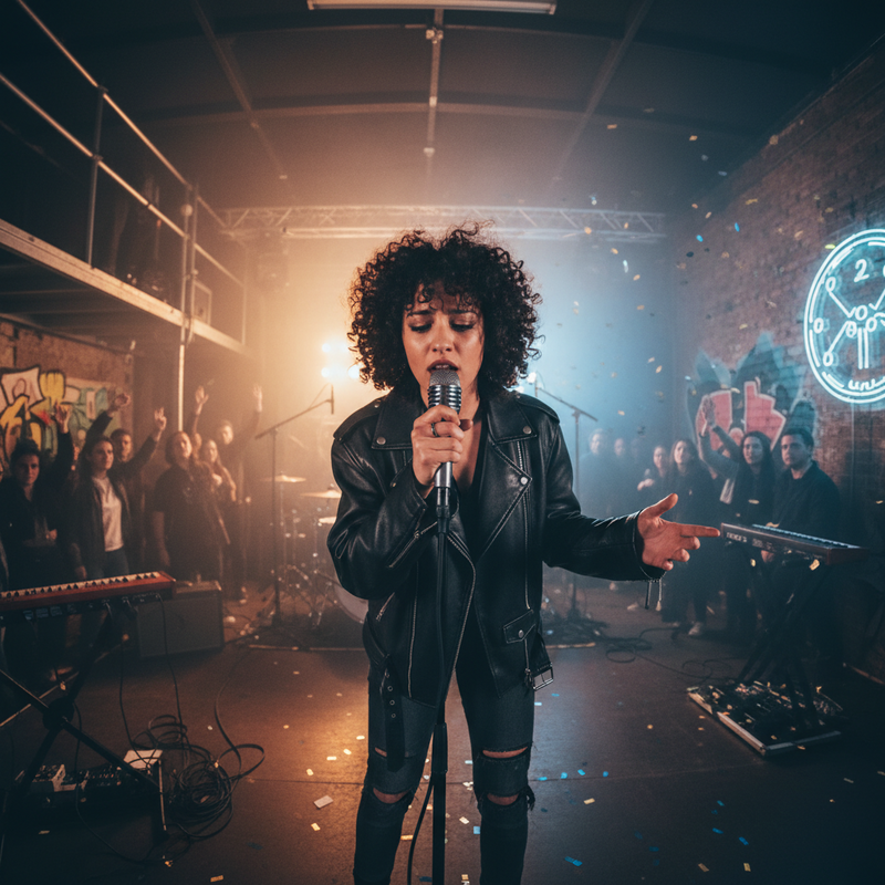 Jonge muzikant treedt op in Brusselse concertzaal met sfeervolle verlichting en publiek