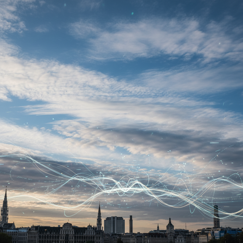 Een fotografische weergave van een dynamische lucht boven de skyline van Brussel, met subtiele, abstracte lichtpatronen die de geavanceerde meteorologische modellen symboliseren.