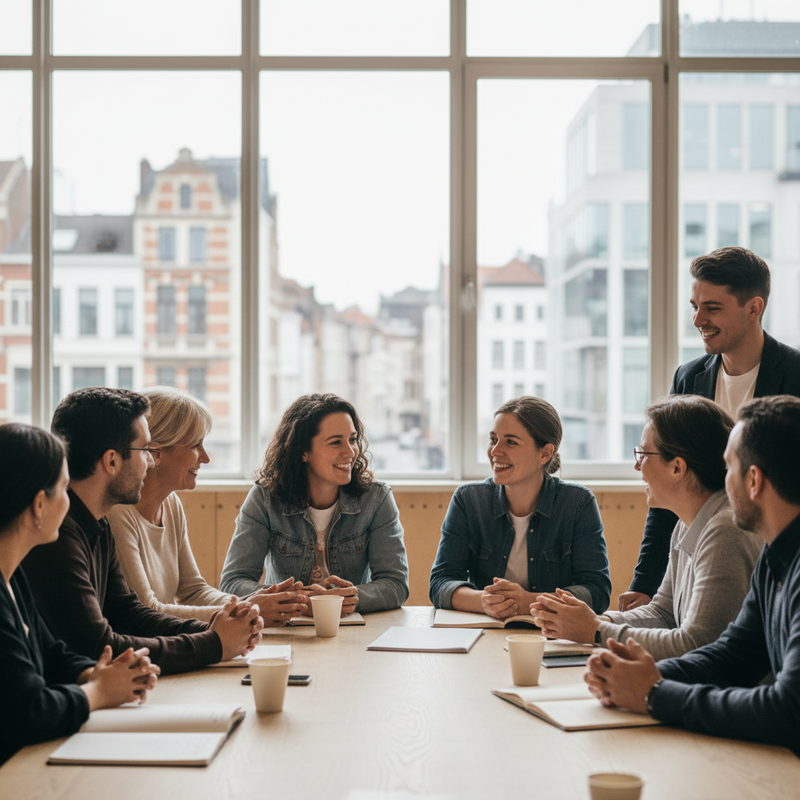 Een diverse groep Brusselaars van verschillende leeftijden discussieert levendig in een lichte openbare ruimte, met de focus op gemeenschappelijke actie en de toekomst van de stad, met op de achtergrond wazige stedelijke architectuur.
