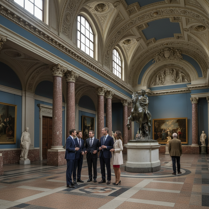 Interieur van een klassiek museum in Brussel met hoge plafonds en grote, open ruimtes. Een paar elegante figuren kijken aandachtig naar een kunstwerk, wat de rustige en intellectuele sfeer benadrukt.
