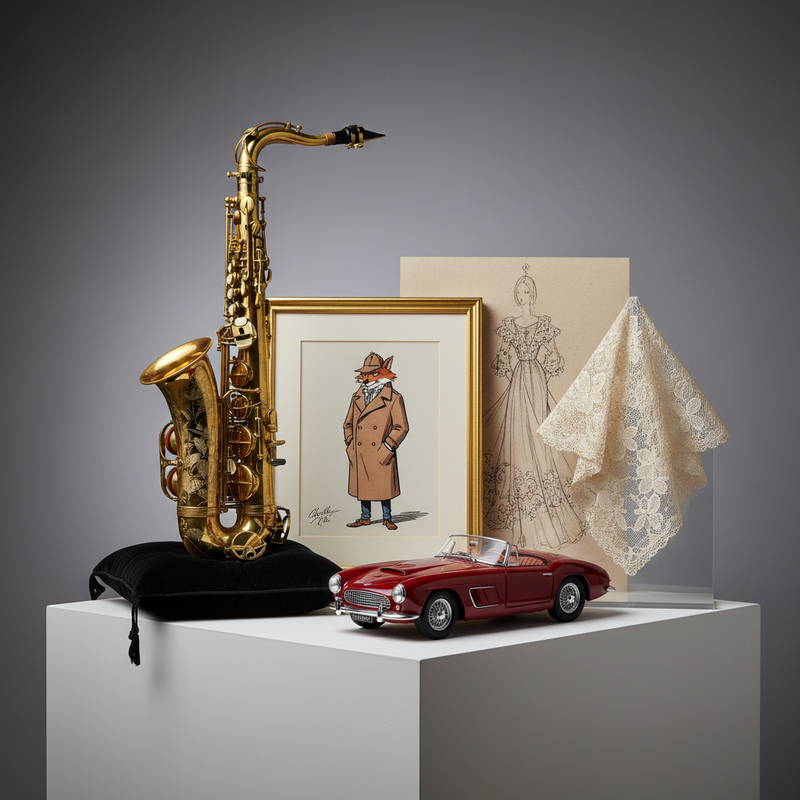 Een fotografische collage die de diversiteit van gespecialiseerde Brusselse musea toont, met beelden van een elegant muziekinstrument, een levendige stripfiguurillustratie, een klassieke auto en een gedetailleerd stuk kantwerk.