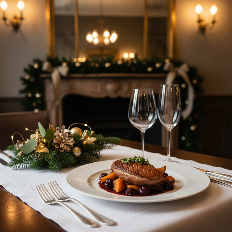 Een detailfoto van een elegant gedekte kersttafel met fijn bestek, glazen en een feestelijk gerecht in een warm verlicht restaurant.