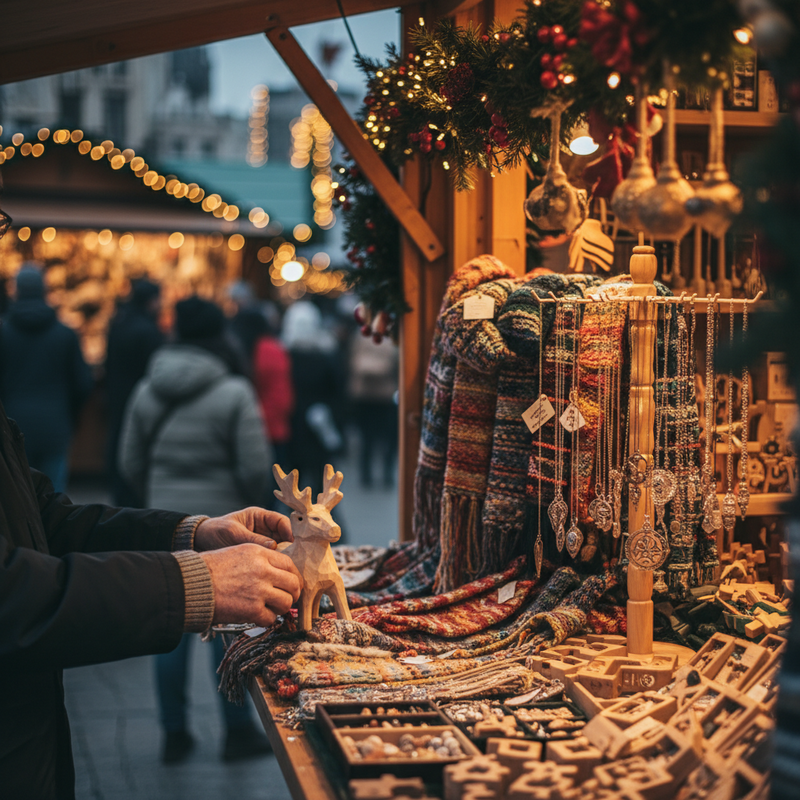 Een warme, gedetailleerde foto van een kraampje op de Brusselse kerstmarkt, rijk gevuld met diverse handgemaakte ambachten zoals houten figuurtjes, keramiek en gebreide sjaals, verlicht door zacht feestelijk licht.