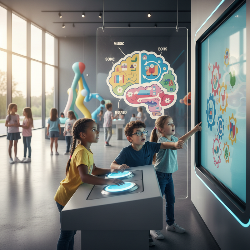 Een groep lachende kinderen in de leeftijd van 5 tot 10 jaar die actief bezig zijn met een interactief museumexhibit. Ze drukken op knoppen, kijken naar schermen en wijzen naar diagrammen, wat hun nieuwsgierigheid en plezier toont.