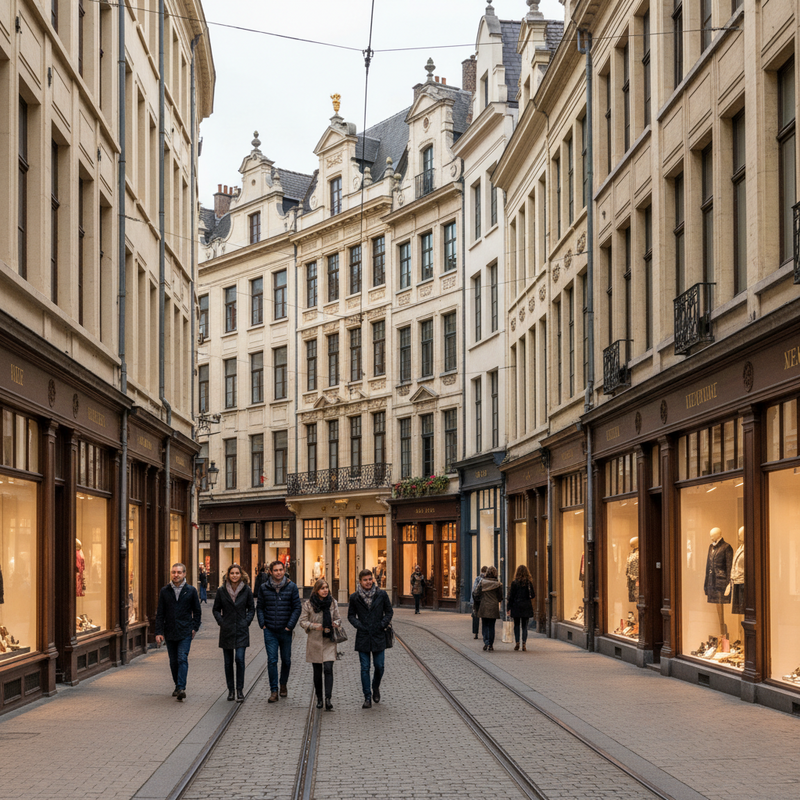 Een fotografie van een klassieke winkelstraat in Brussel, met historische gebouwen en moderne etalages. Enkele voorbijgangers zijn te zien, wat de levendigheid van de commerciële as benadrukt.