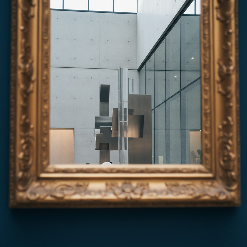 Een artistieke foto die de dualiteit van klassieke en moderne kunst in Brussel weergeeft, met een deel van een oud schilderij dat subtiel weerspiegeld wordt in een glanzend, minimalistisch oppervlak van een modern kunstmuseum.