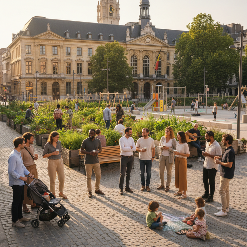 Een foto van een levendige Brusselse straat met mensen die wandelen en met elkaar praten, met op de achtergrond een groen park en typische stadshuizen, symboliserend de directe invloed van lokale politiek op de gemeenschap.