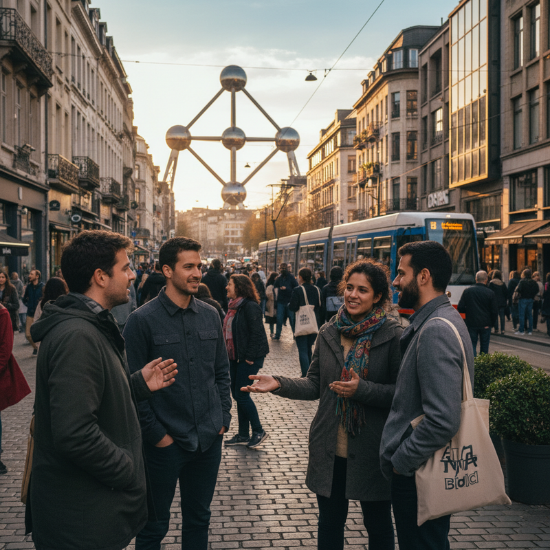 Een dynamische foto van een diverse groep mensen die met elkaar praten in een bruisende straat van Brussel, met een iconisch stadsgezicht op de achtergrond. De scène straalt energie en gemeenschapsgevoel uit.
