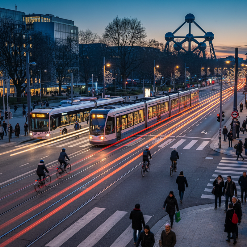 Een drukke avondscène op een kruispunt in Brussel, met bewegende trams, fietsers en voetgangers onder de warme gloed van straatverlichting, en moderne gebouwen op de achtergrond. De afbeelding symboliseert de stedelijke dynamiek en de complexe maatschappelijke vraagstukken.