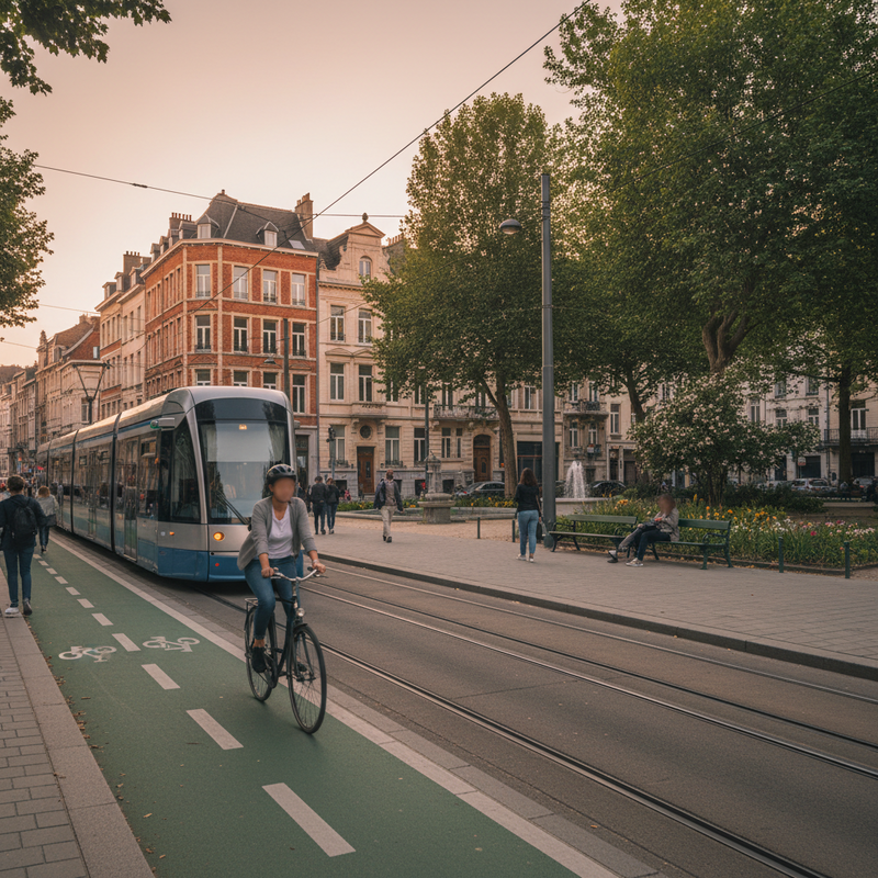 Een breed shot van een typische Brusselse straat met een moderne tram die passeert, een fietspad met een fietser, en klassieke gebouwen aan weerszijden met bomen en planten langs de stoep.
