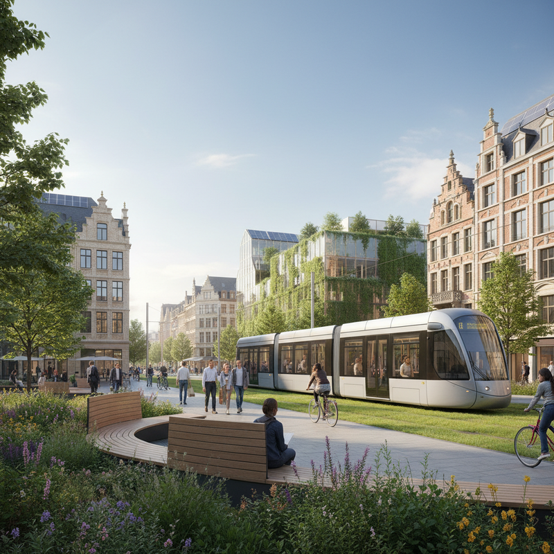 Een moderne stadsscène in Brussel met groene openbare ruimtes, architectuur die historie en innovatie combineert, en een efficiënt transportsysteem, symboliserend de duurzame stedelijke transformatie.