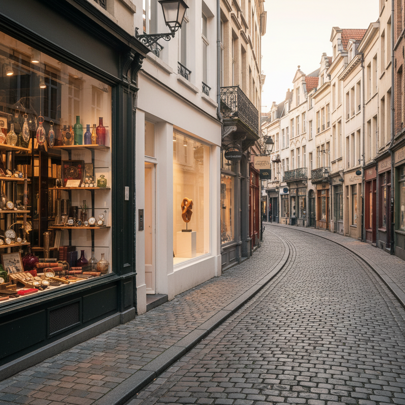 Een sfeervolle, smalle kasseistraat in Brussel met diverse unieke boetieks en antiekwinkels, omringd door historische gebouwen.