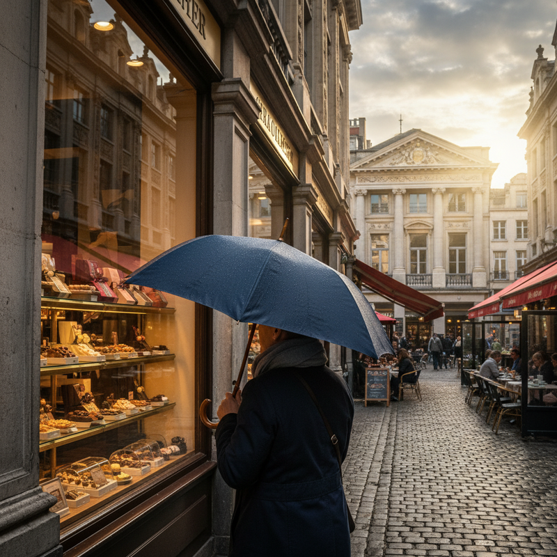 Een dynamisch straatbeeld in Brussel met een persoon onder een paraplu die in een chocoladewinkel kijkt, terwijl in de verte de zon doorbreekt op een terras. Het toont de veerkracht en de charmes van de stad in wisselvallig weer.