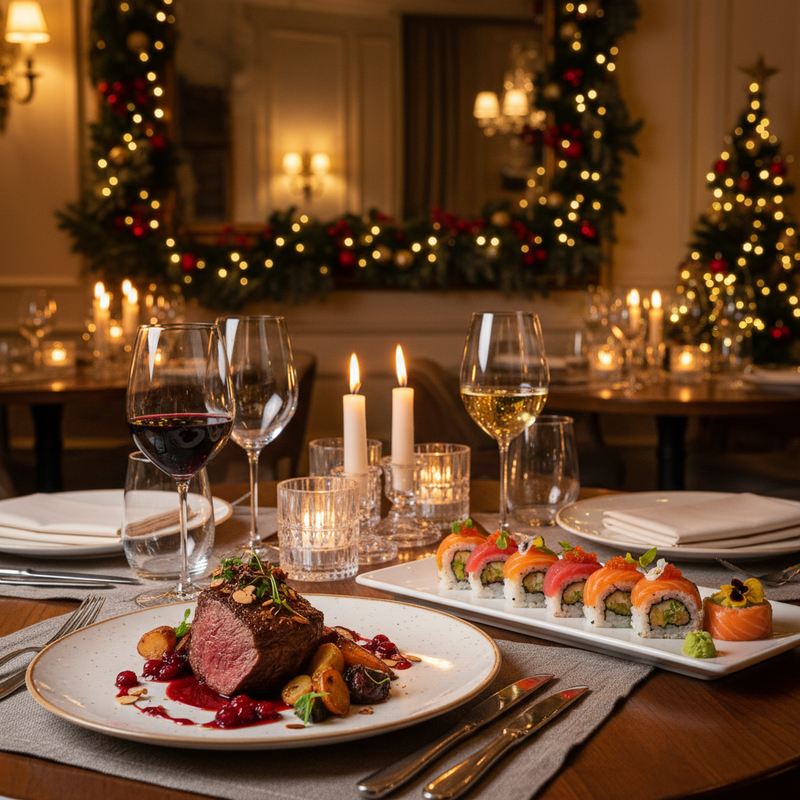 Een close-up van een feestelijk gedekte eettafel met kaarslicht en twee luxueus uitziende gerechten: een wildgerecht met garnituur en een set delicate sushirolls. Op de achtergrond is een subtiele kerstdecoratie te zien in een warm verlicht restaurant.