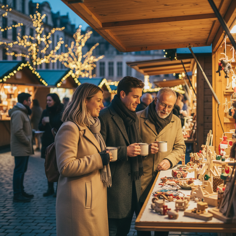 Een gezellige avondscène op de Brusselse kerstmarkt, met warm verlichte kraampjes, enkele bezoekers die duurzaam winkelen en de sfeer van bewuste kerstvreugde.