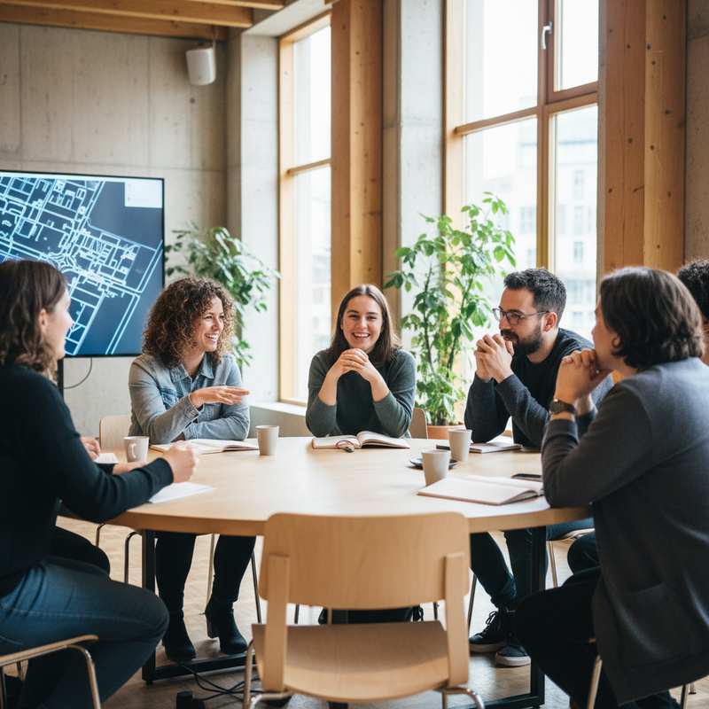 Een diverse groep Brusselaars in een moderne, lichte ruimte discussieert actief en met betrokkenheid, symboliserend burgerparticipatie.